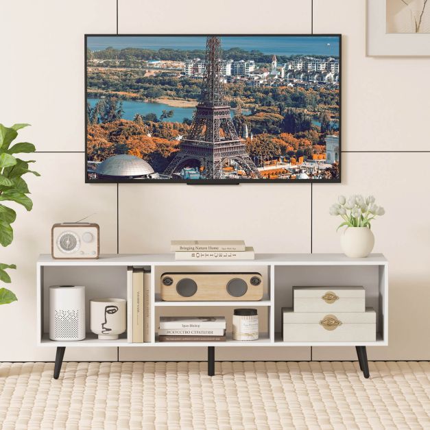 120cm Mid Century Modern TV Stand with Shelves and 5 Metal Legs-White