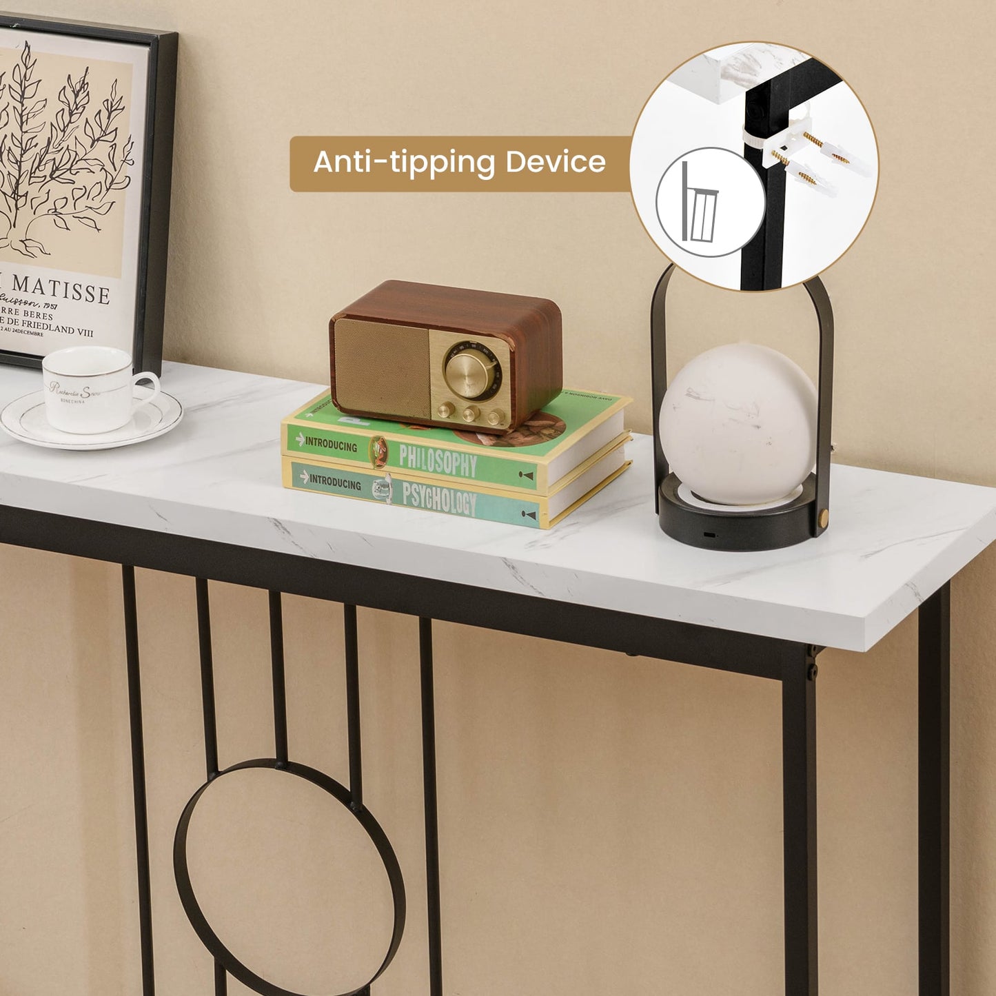 120cm Modern Faux Marble Top Console Table with Heavy-duty Metal Frame-Black