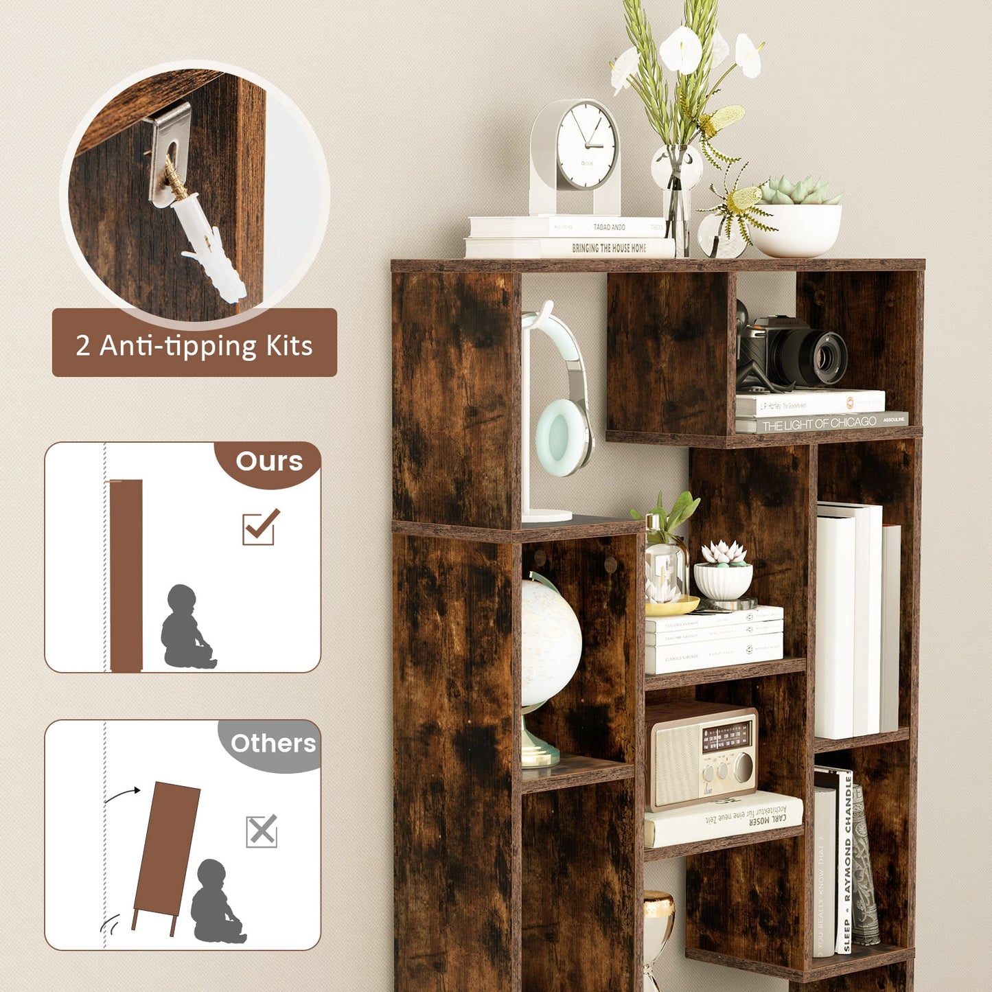 120cm Tall Bookshelf with Anti-tipping Kits for Home Office-Brown