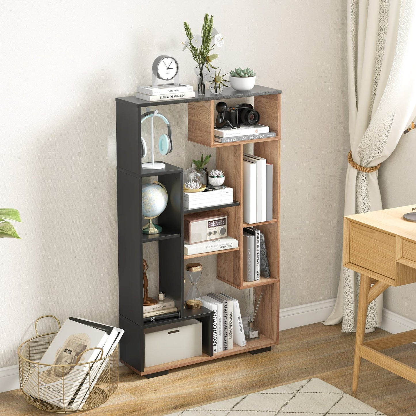 120cm Tall Bookshelf with Anti-tipping Kits for Home Office-Black & Brown
