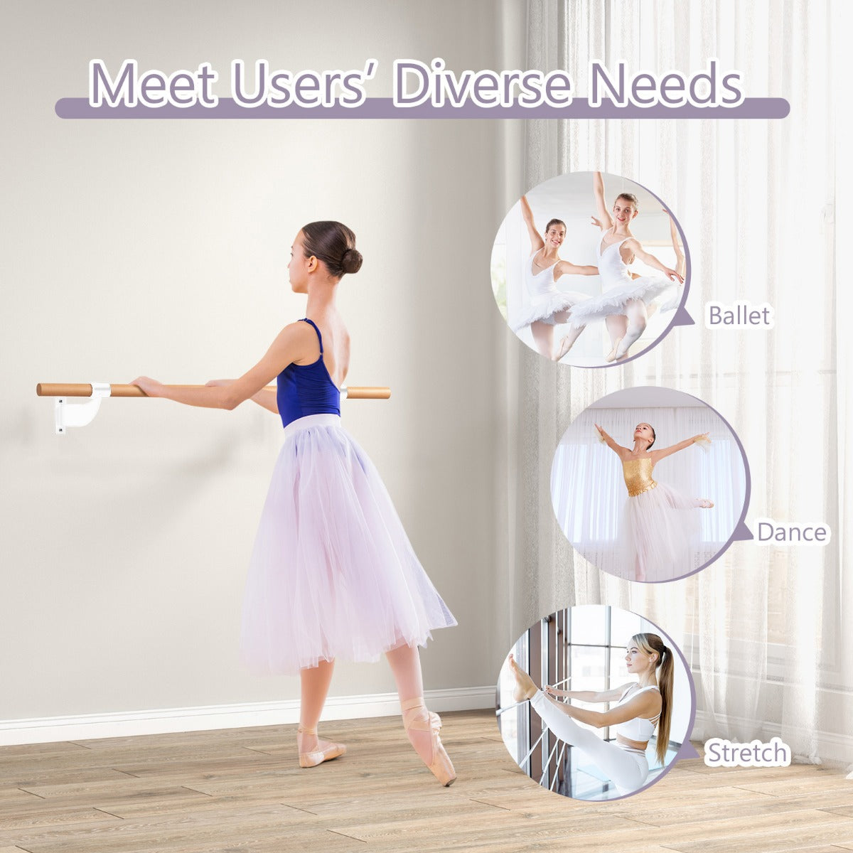 120CM Wall-Mounted Beech Wood Ballet Barre-White