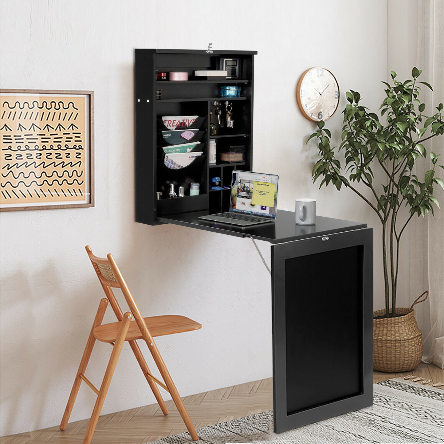 Multi-Function Folding Wall-Mounted Drop-Leaf Table with Chalkboard-Black