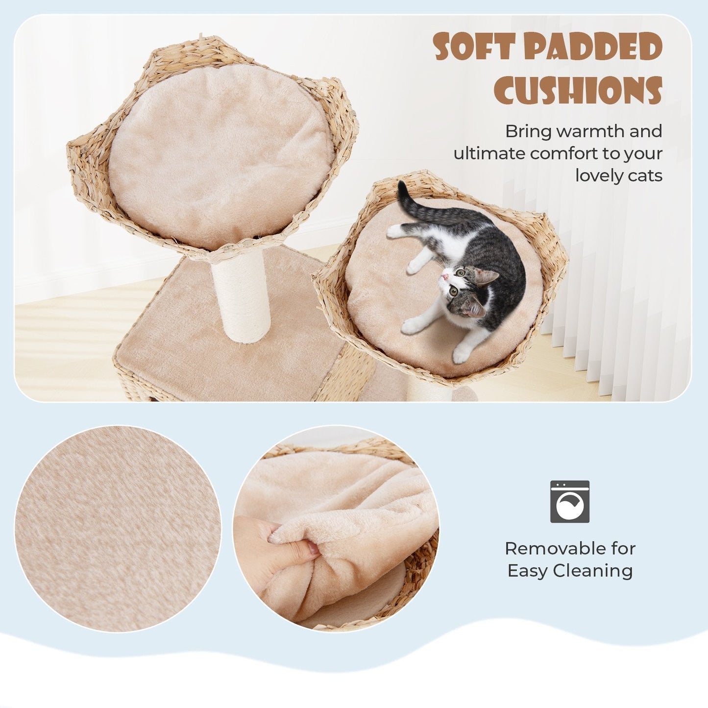 122 cm Cattail Cat Tree with Sisal Scratching Posts Perch Condo and Basket Bed-Beige