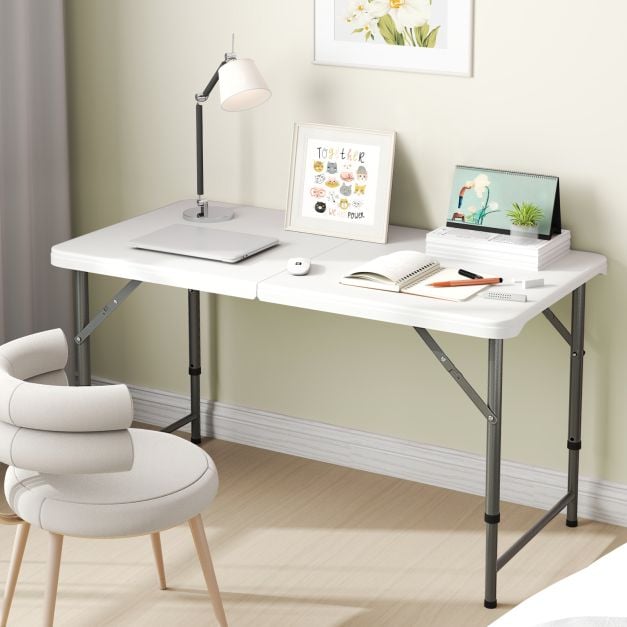 122cm Portable Camping Adjustable Fold-in-Half Table with HDPE Tabletop-White