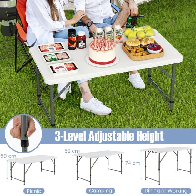 122cm Portable Camping Adjustable Fold-in-Half Table with HDPE Tabletop-White