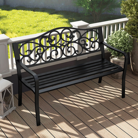 127CM Outdoor Garden Bench with Slatted Seat and Floral Design Backrest-Black