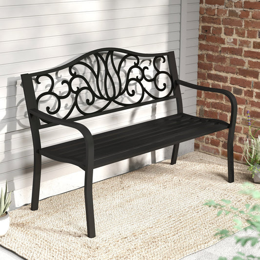 127CM Outdoor Garden Bench with Floral Design Backrest and Slatted Seat-Black