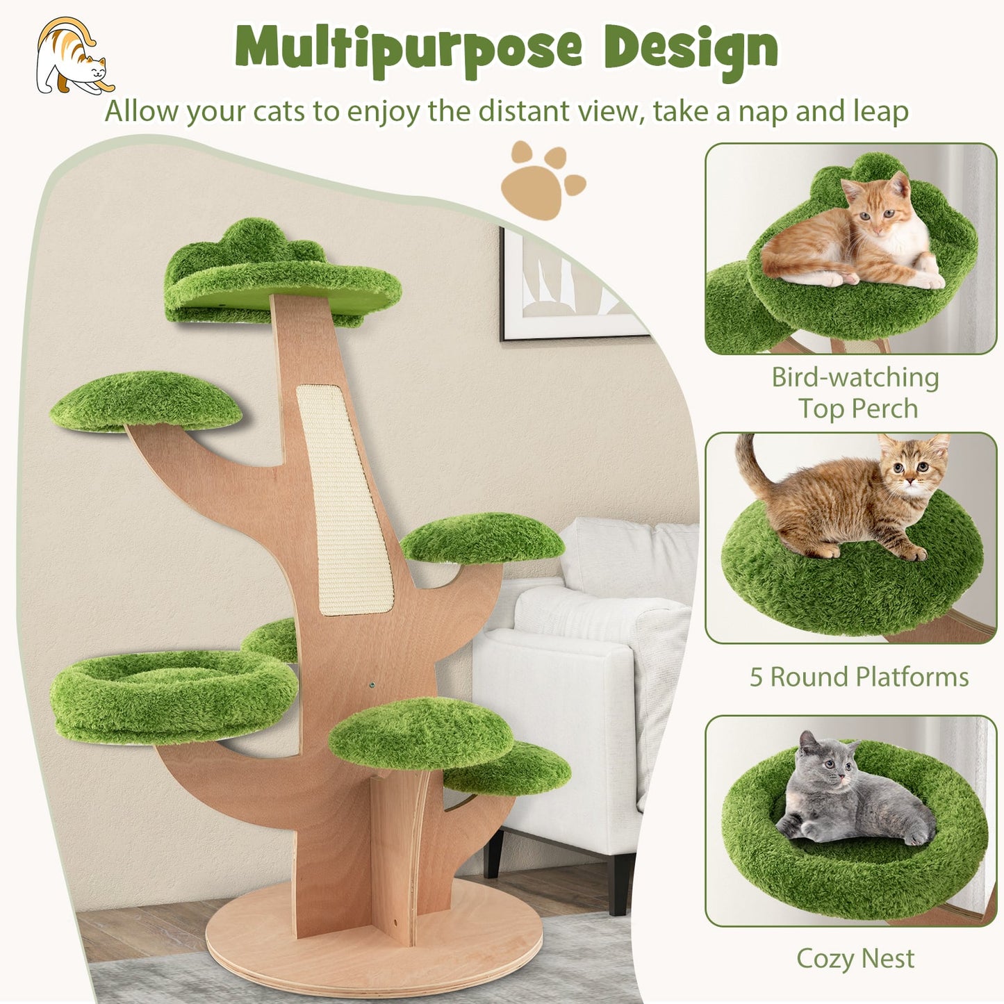128 cm Pine Shape Cat Tree Cute Multi-level Cat Tower with Sisal Scratching Board-Green