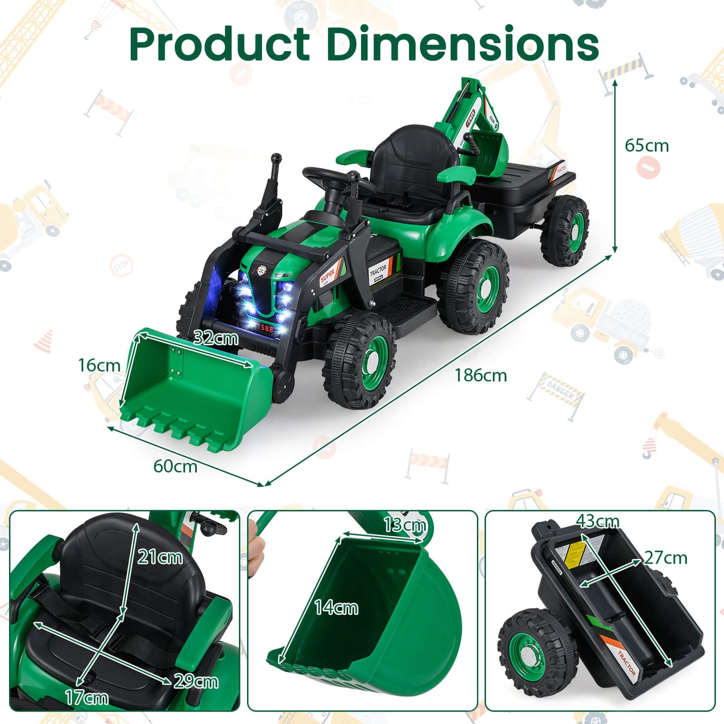 4-in-1 12V Kids Ride on Excavator and Bulldozer with Remote Control-Green
