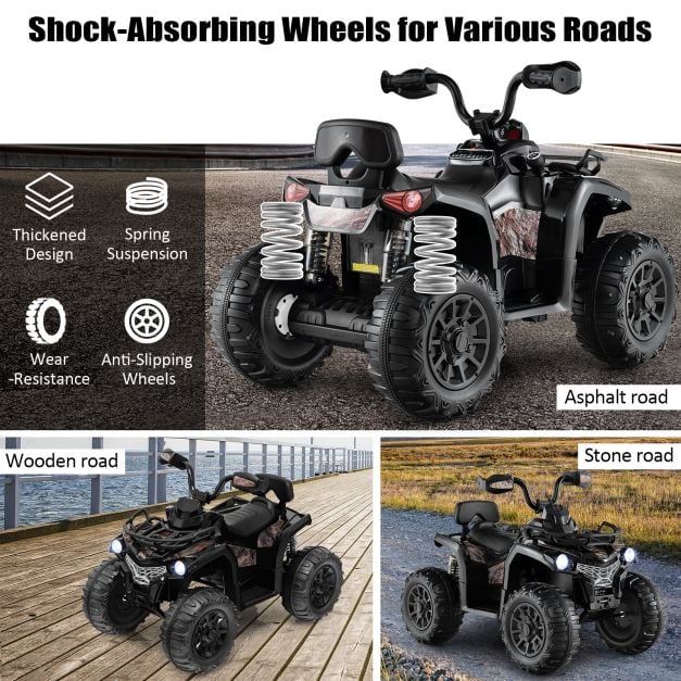 12V Electric Powered Quad Vehicle with Spring Suspension Oversized Wheels and Storage Basket-Black