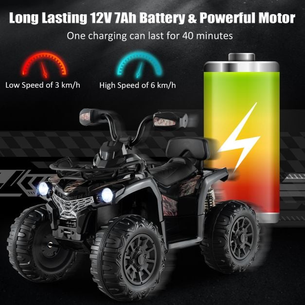 12V Electric Powered Quad Vehicle with Spring Suspension Oversized Wheels and Storage Basket-Black