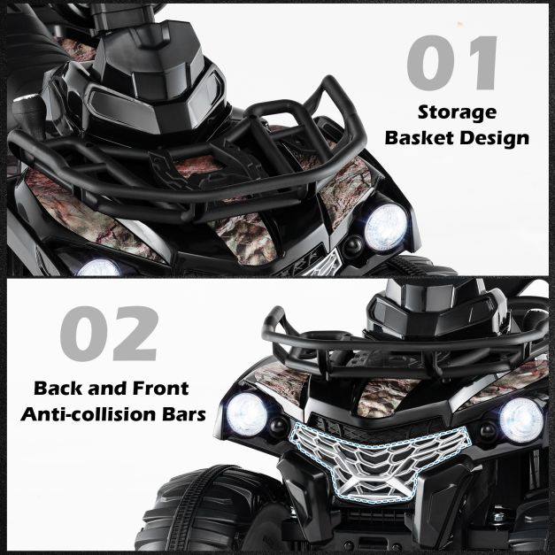 12V Electric Powered Quad Vehicle with Spring Suspension Oversized Wheels and Storage Basket-Black