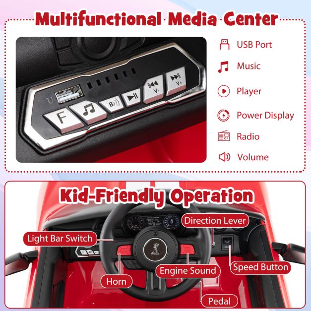 12V Kids Ride on Car Electric Licensed Ford Mustang Shelby GT500 for Kids Aged 3-8-Red