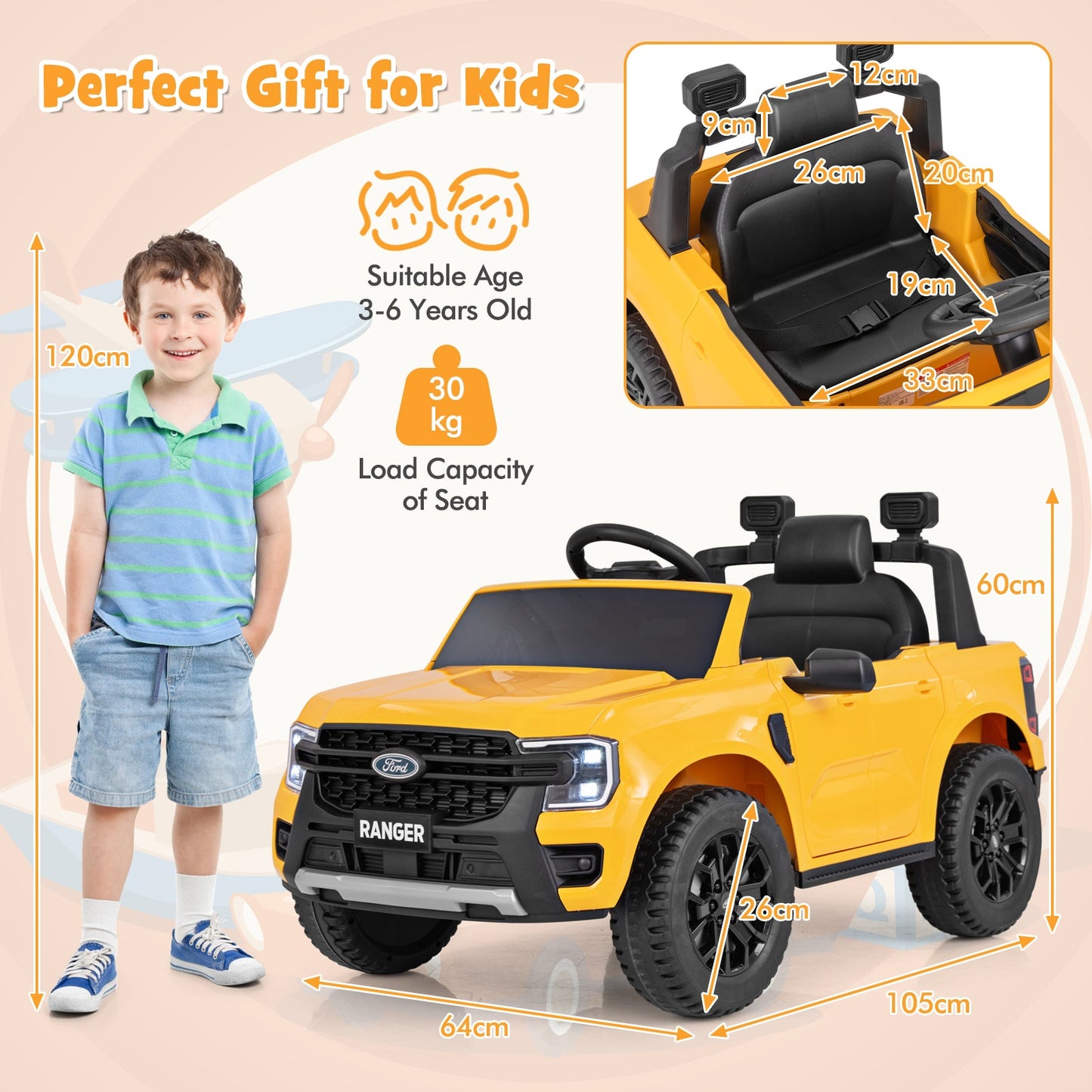 12V Licensed Ford Ranger Kids Ride on Car with Remote Control-Yellow