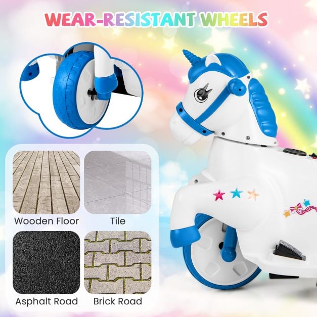 12V Unicorn Ride on Toy with Training Wheels for Kids-Blue and White