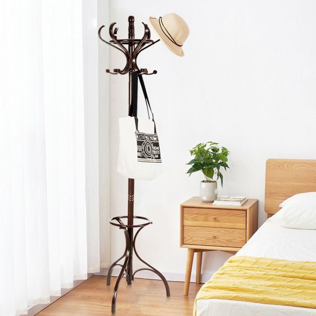 Practical Birch Coat Stand with 360° Rotating Top Tier for Jacket Red-Brown