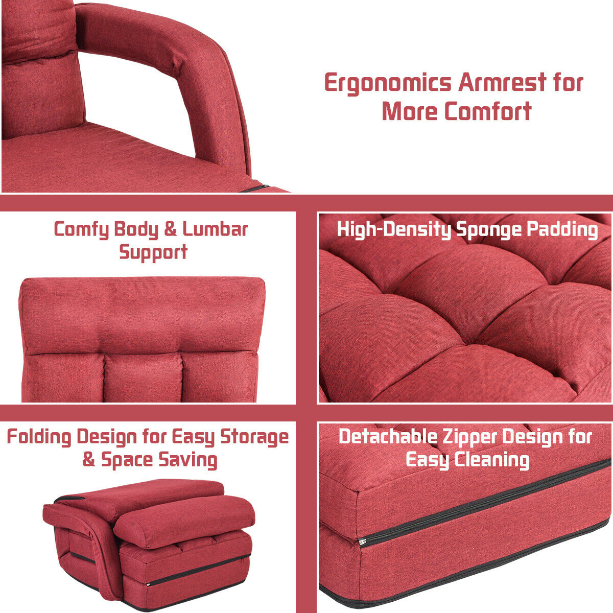 Adjustable Folding Floor Lazy Chair with Pillow-Red