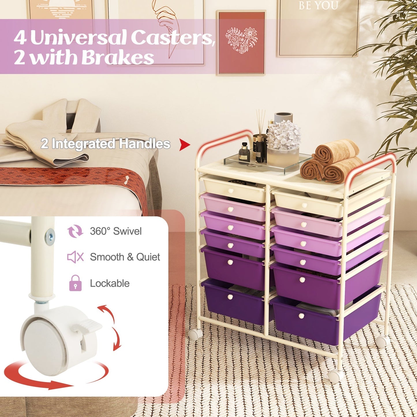 12 Drawers Rolling Storage Cart with 4 Wheels and Brakes-Purple