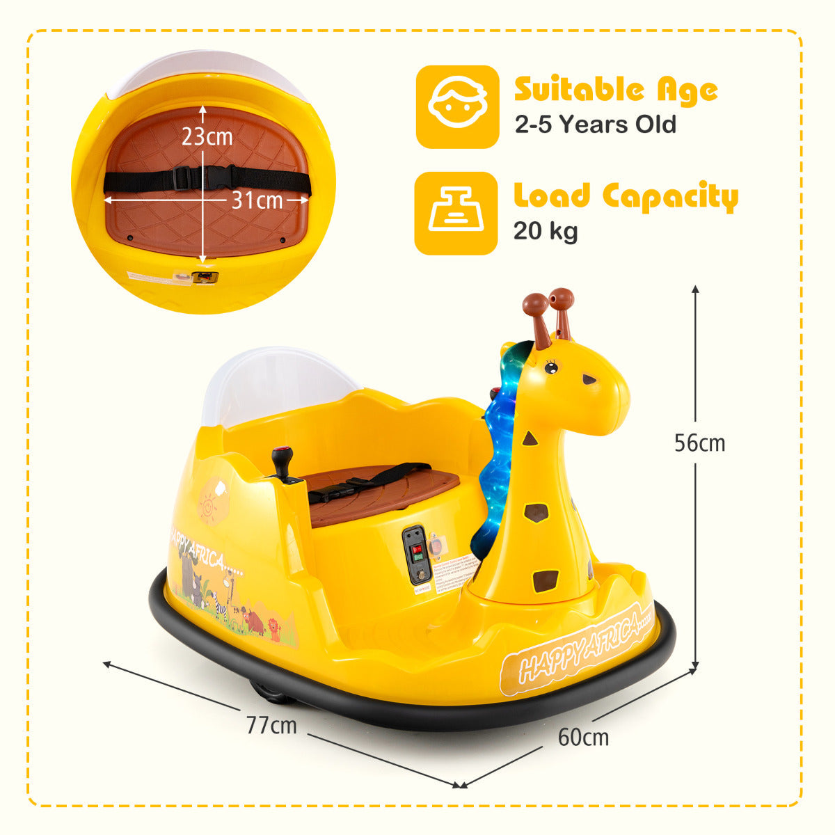 12V Bumper Car Giraffe Toddler 360° Spinning Ride on Toy-Yellow
