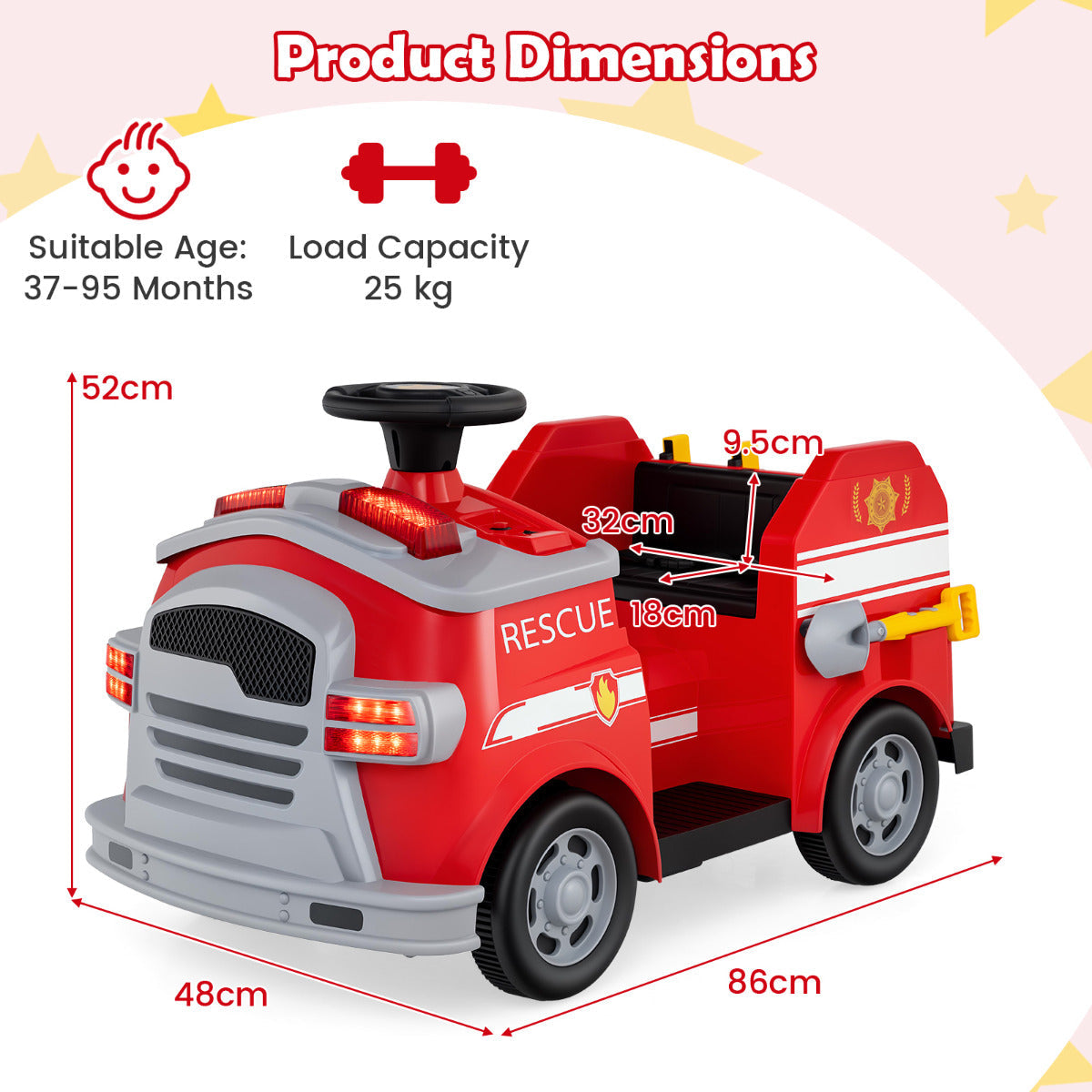 12V Kids Ride on Fire Truck with Shovel and Wrench-Red