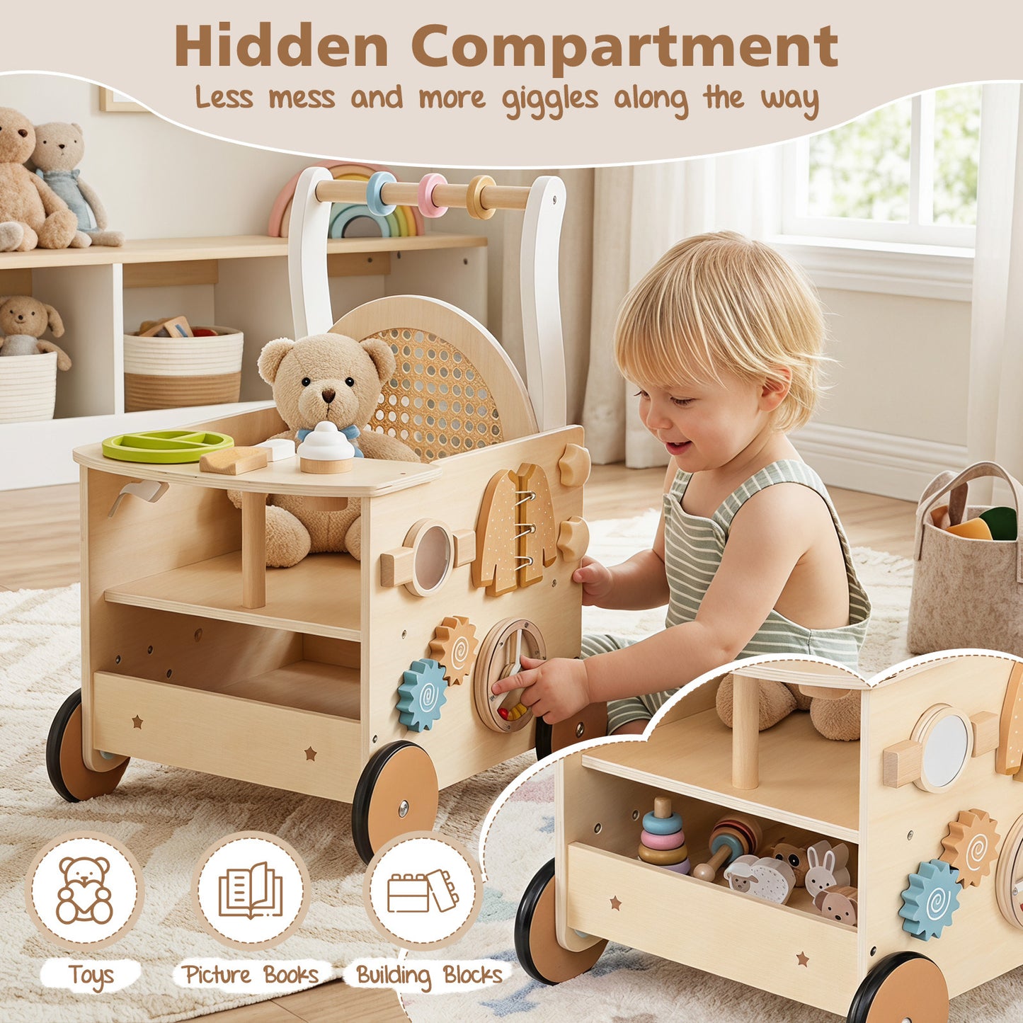 13-In-1 Wooden Baby Walker with Wheels and Storage for Boys Girls Aged 1+