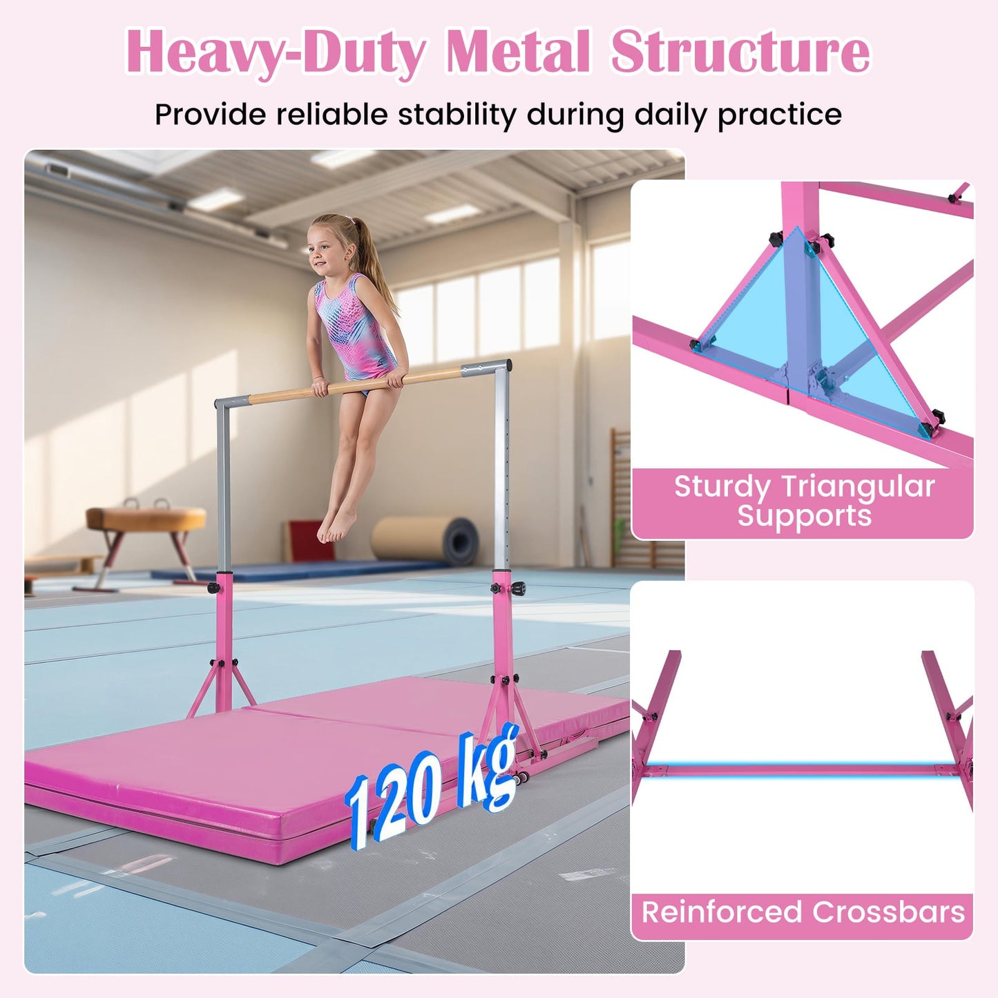 13-Level Adjustable Heights Foldable Gymnastics Bar for Kids-Pink