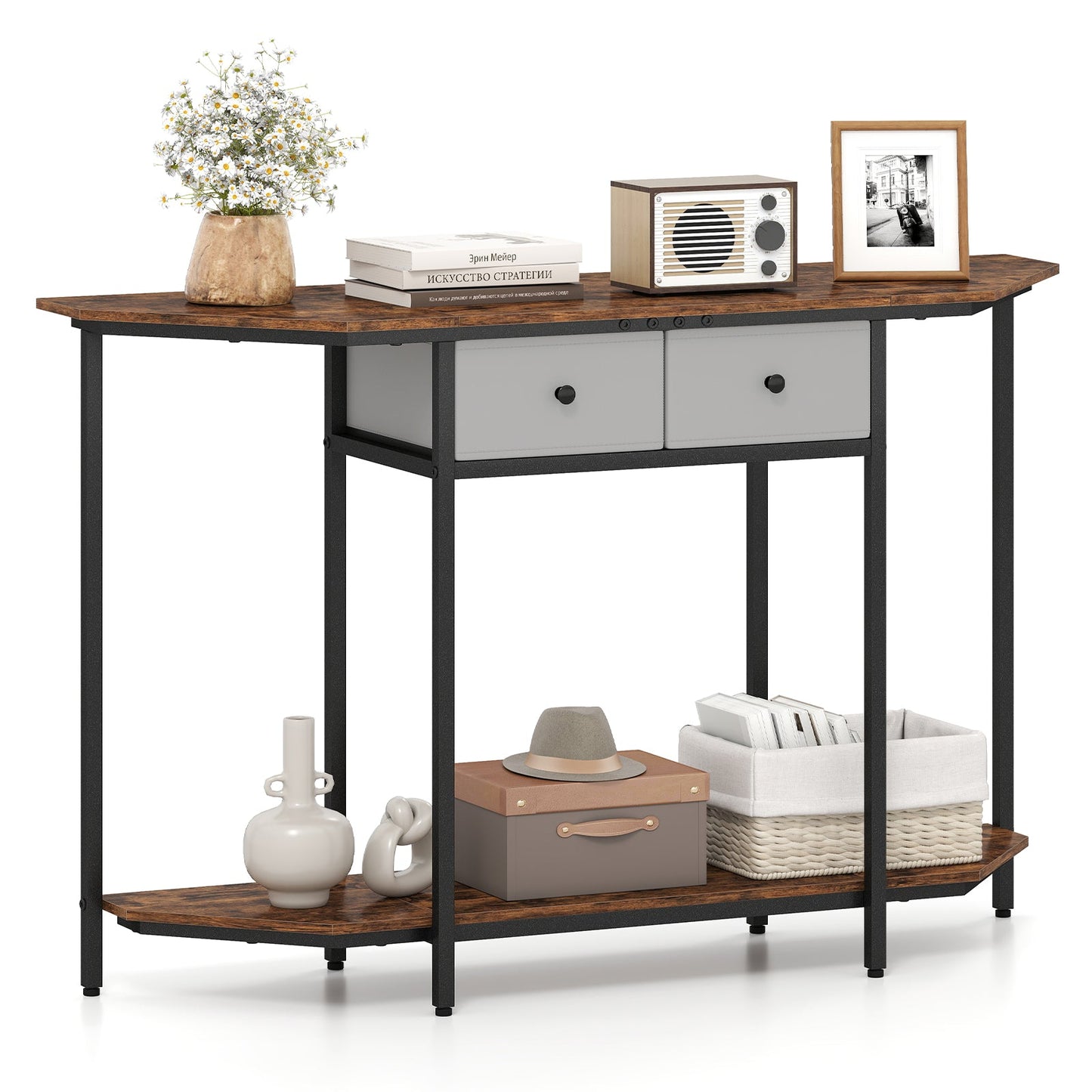 130 CM Console Table 2-Tier Entryway Table with Open Storage Shelf & 2 Drawers-Rustic Brown