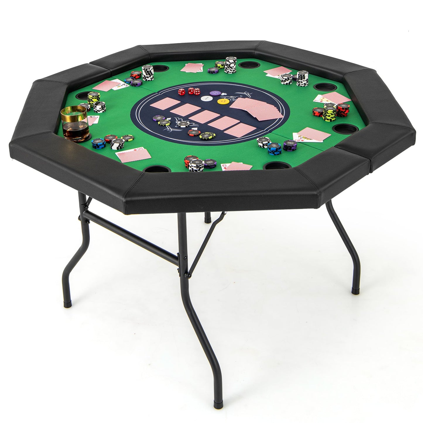 130 cm Foldable Poker Table with Padded Rails and Folding Legs for 8 Players-Green