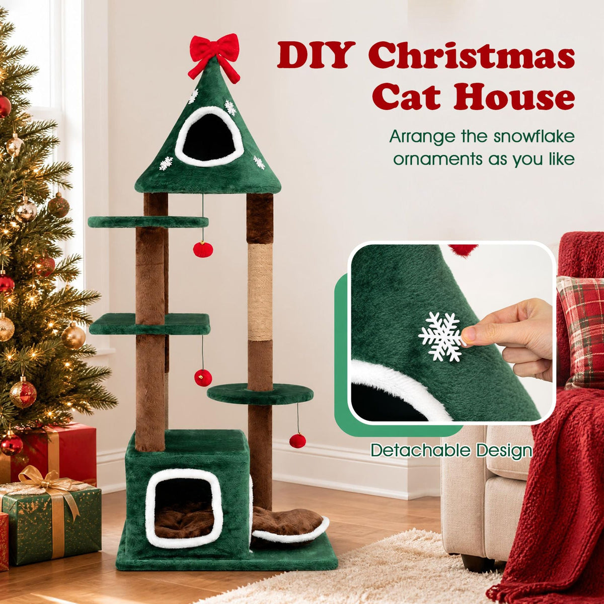 137 cm Christmas Cat Tree with 2 Condos & Removable Cushion-Green