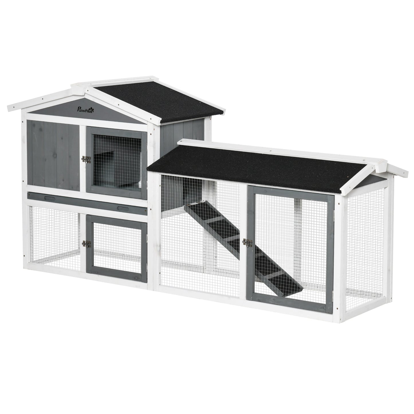 PawHut Rabbit Hutch Outdoor, 2-poziomowa klatka dla świnki morskiej, drewniany domek dla małych zwierząt z wybiegiem dla królików, wysuwana taca, rampa, 175,8 x 52 x 85,5 cm, biały