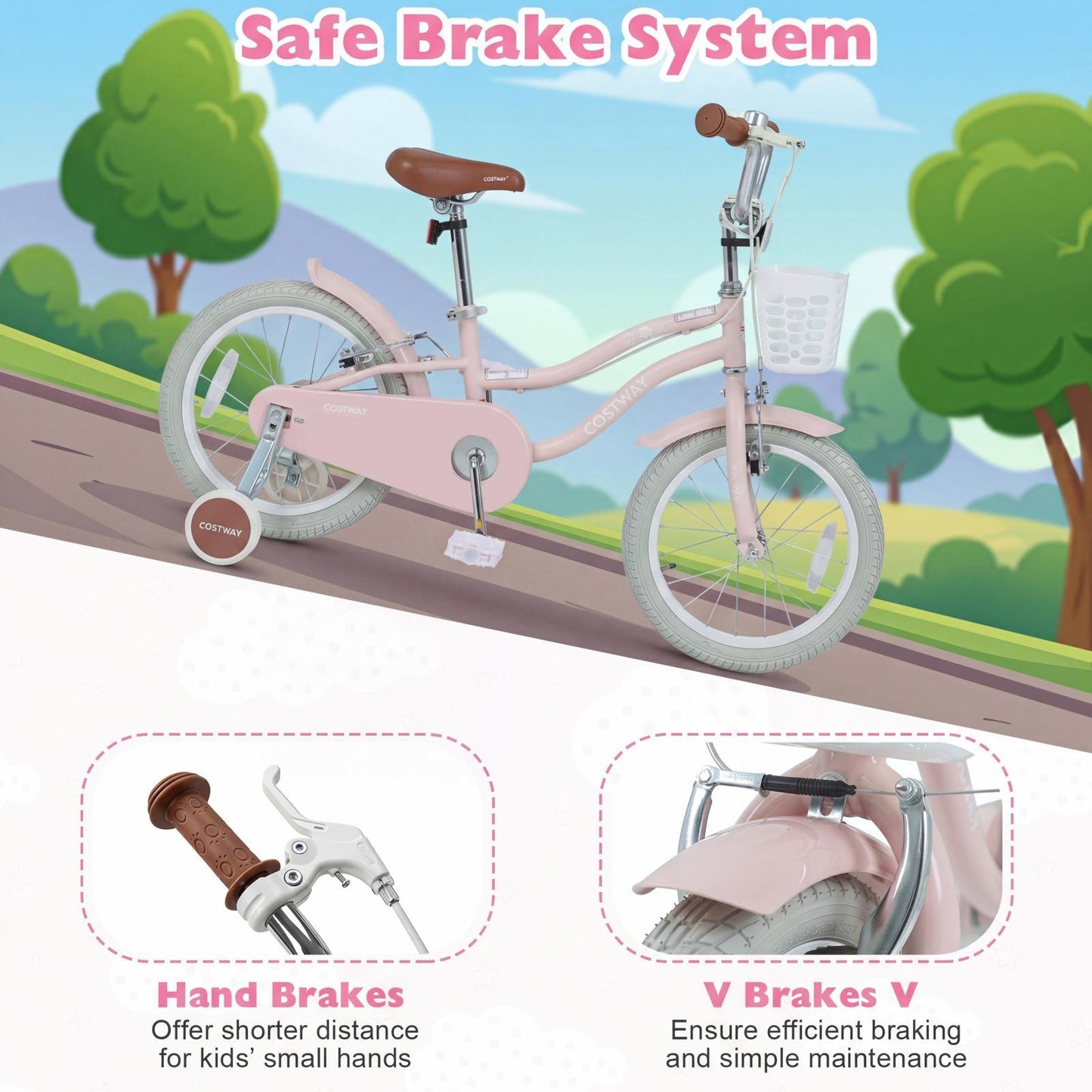 14 Inch Girls Bike with Basket for 3-5 Years Retro Series Sakura Pink