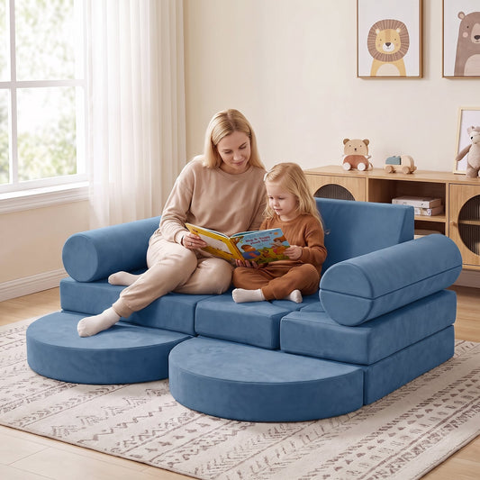 14-Piece Modular Kids Play Couch with Removable Cover-Blue