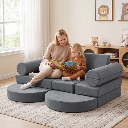 14-Piece Modular Kids Play Couch with Removable Cover-Grey