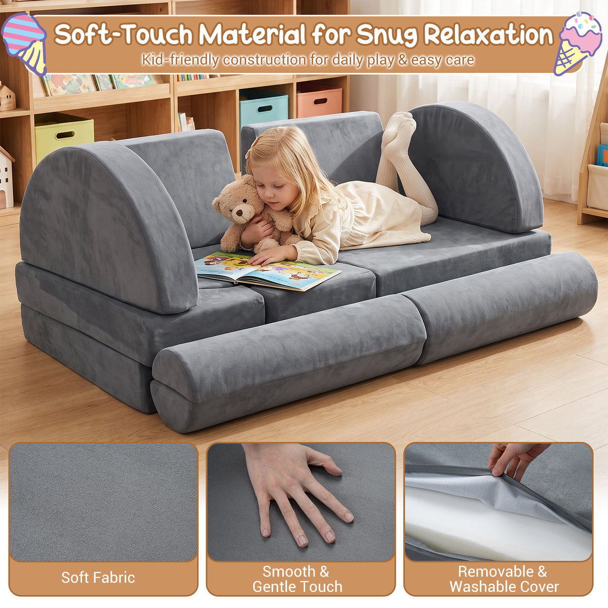 14-Piece Modular Kids Play Couch with Removable Cover-Grey