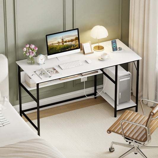 140 x 60 CM Computer Desk with Charging Station Home Office PC Desk with 4 Power Outlets and 2 USB Ports-White