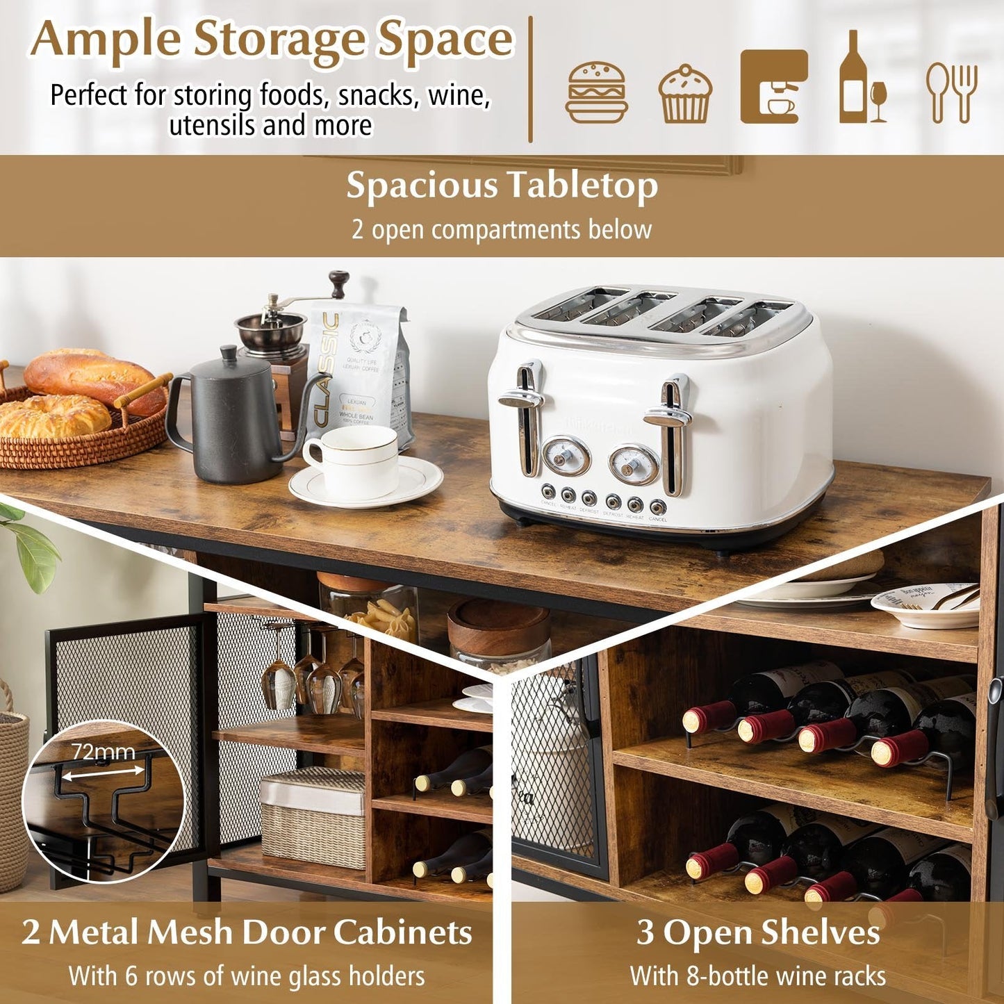 140cm Buffet Sideboard with 8-Bottle Wine Racks and 6 Rows of Wine Glass Holders-Rustic Brown