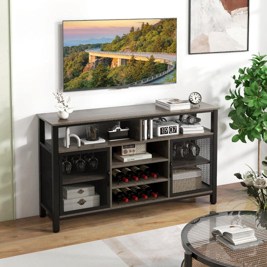 140cm Buffet Sideboard with 8-Bottle Wine Racks and 6 Rows of Wine Glass Holders-Grey