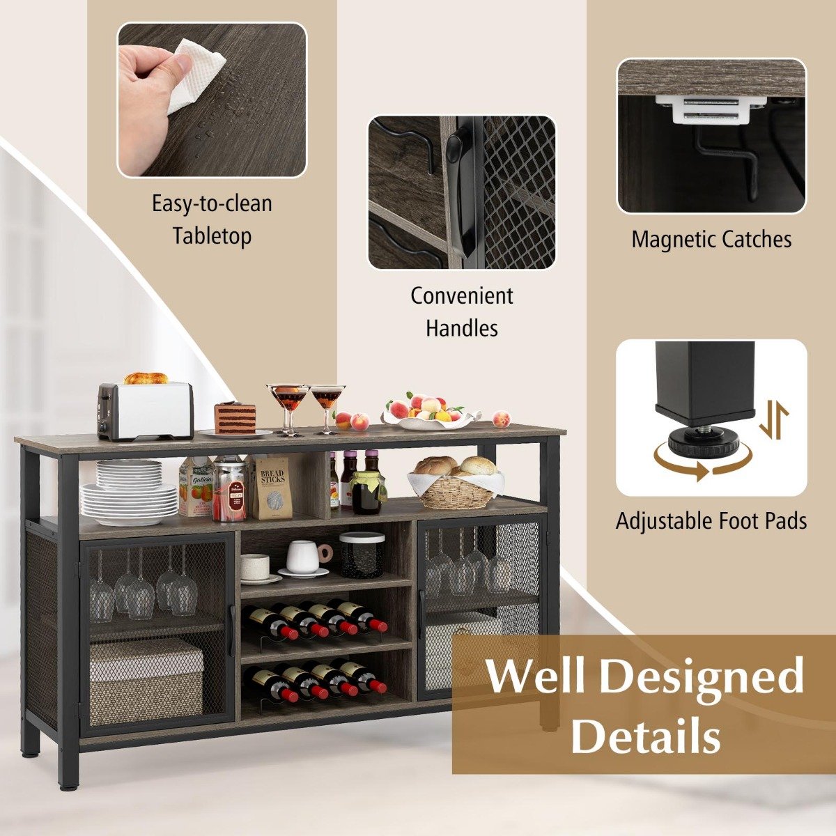 140cm Buffet Sideboard with 8-Bottle Wine Racks and 6 Rows of Wine Glass Holders-Grey