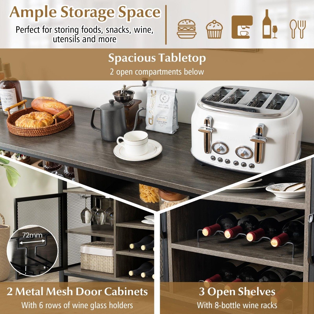 140cm Buffet Sideboard with 8-Bottle Wine Racks and 6 Rows of Wine Glass Holders-Grey