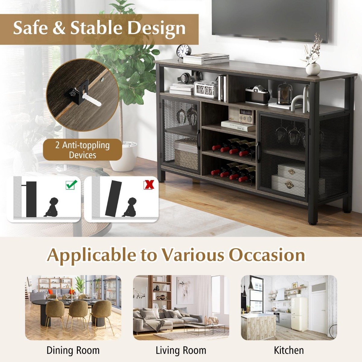 140cm Buffet Sideboard with 8-Bottle Wine Racks and 6 Rows of Wine Glass Holders-Grey