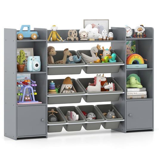 142 cm Large Toy Storage Organizer with 8 Removable Bins and Bookshelf-Grey
