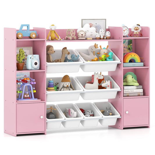 142 cm Large Toy Storage Organizer with 8 Removable Bins and Bookshelf-Pink
