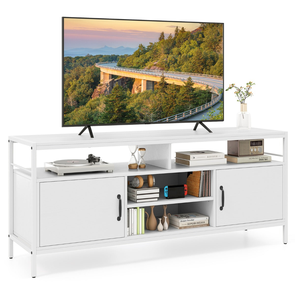 147 cm Industrial TV Stand with Adjustable Shelf for TVs up to 65 Inch-White