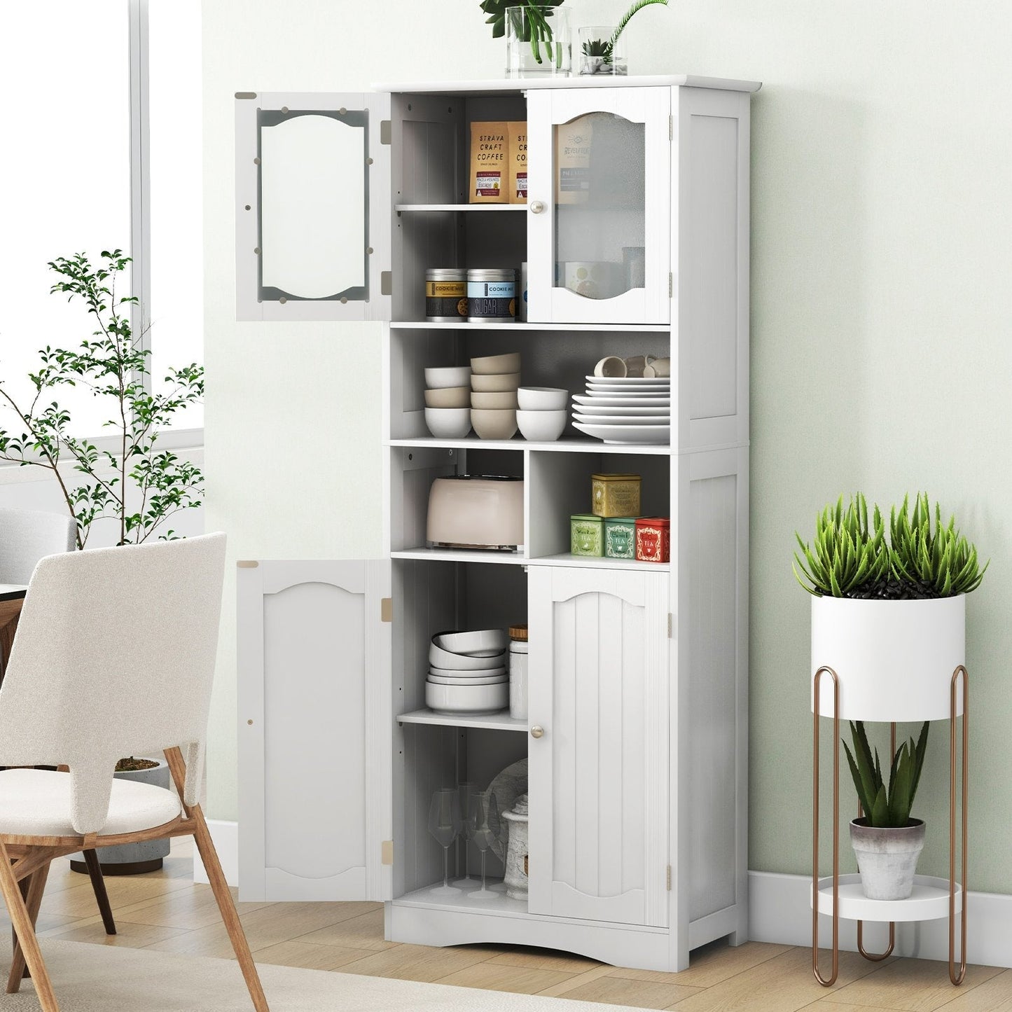 148cm Tall Bathroom Cabinet Storage Cabinet with Glass Doors-White