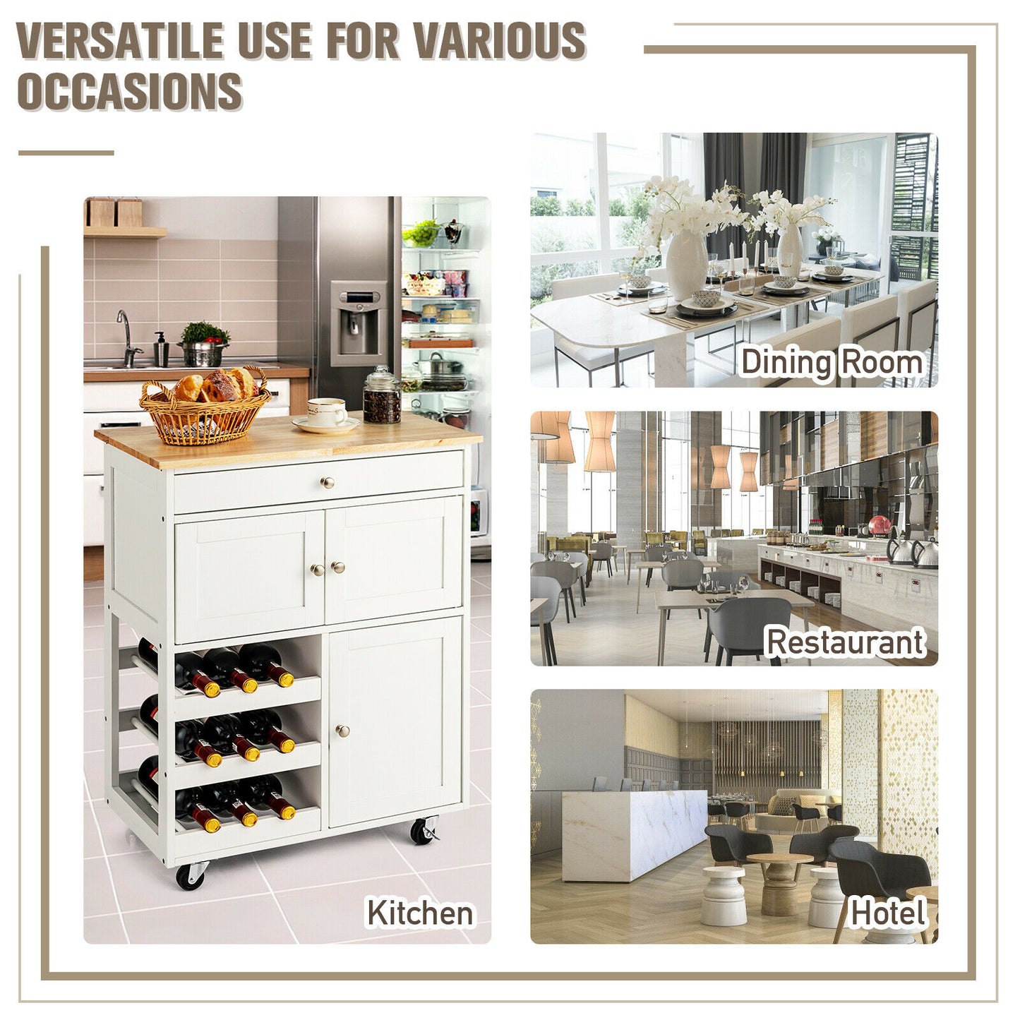 Rolling Kitchen Cart with 3 Tier Wine Racks and Cupboards-White