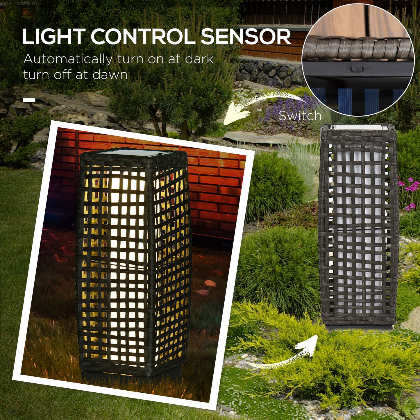 Outsunny Outdoor Rattan Solar Lantern, Brushed PE Wicker Patio Garden Lantern z automatycznym włączaniem/wyłączaniem Solar Powered LED Lights do użytku wewnątrz i na zewnątrz, na werandzie, podwórku, trawniku, dziedzińcu, w kolorze szarym