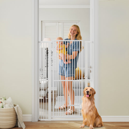 150CM Extra Tall Pet Gate Heavy-Duty Metal Easy Walk Through Gate-White