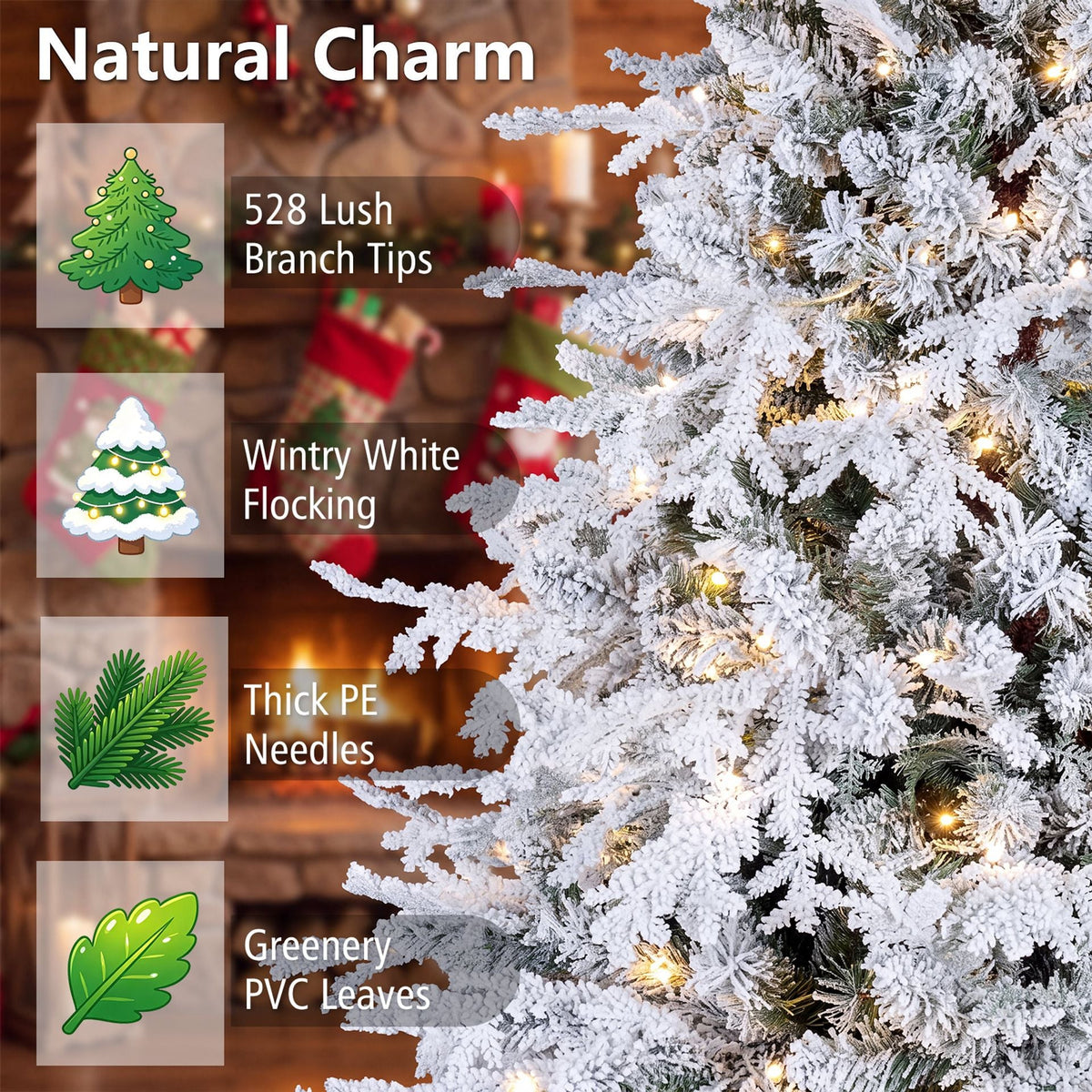 150cm Flocked Christmas Tree with Full Branch Tips LED Lights and Folding Metal Stand