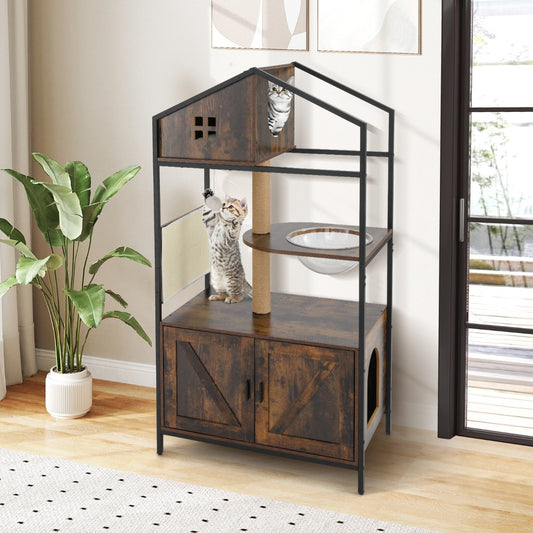 150CM Cat Tree with Litter Box Enclosure-Rustic Brown