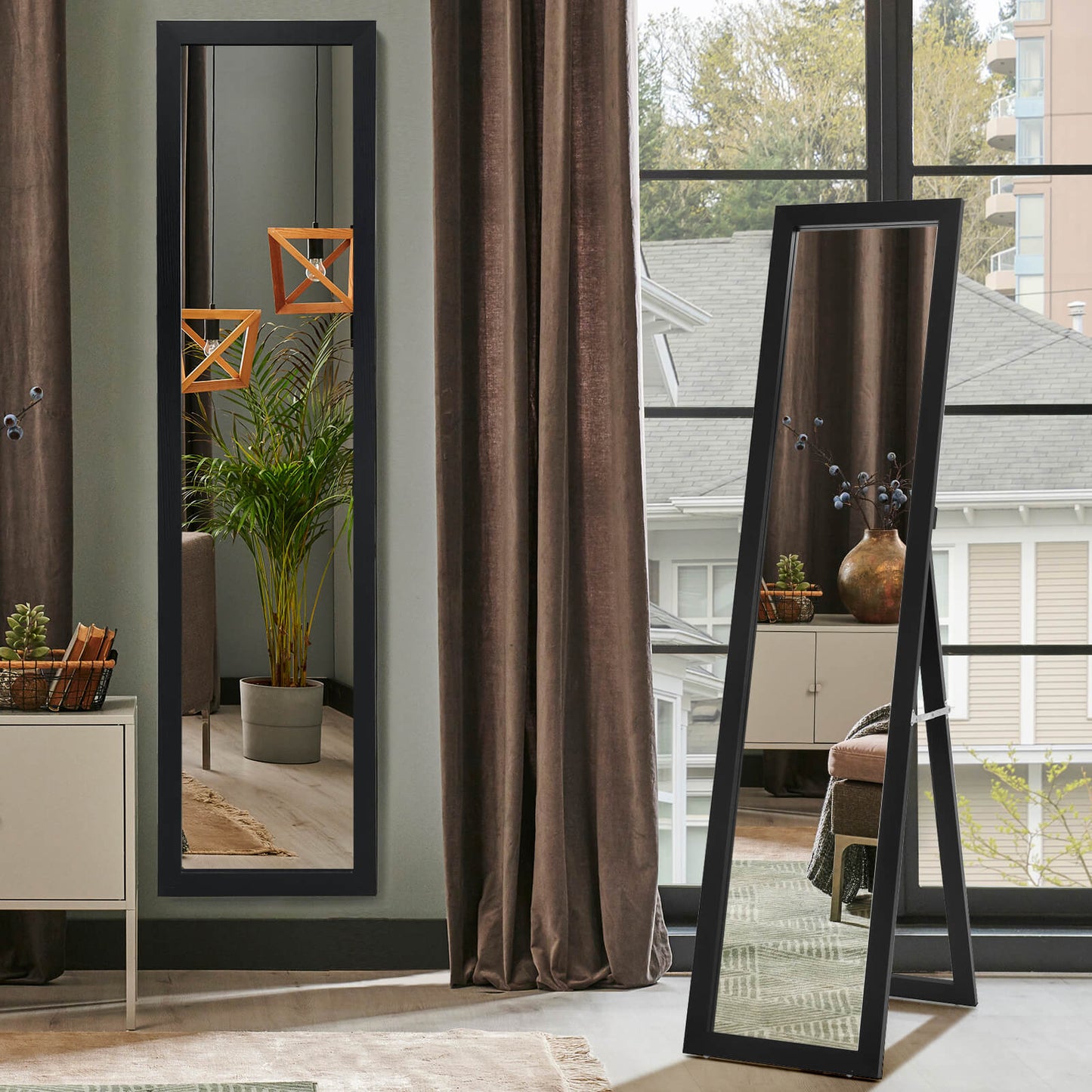 153 x 37 cm Wooden Frame Rectangle Full Length Mirror-Black
